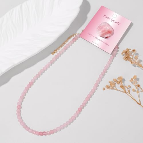 Crystal Choker Necklaces for Women,4mm Handmade Natural Stone Choker Beaded Necklace Healing Crystal Necklace Gemstone Bead Necklaces for Women - color: Rose Quartz