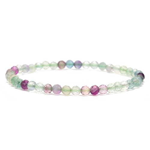 Angelstones Natural Gemstone Small Beaded Stretch Bracelet, 4mm Faceted Round Beads, Crystal Healing Bracelet for Women - color: Fluorite