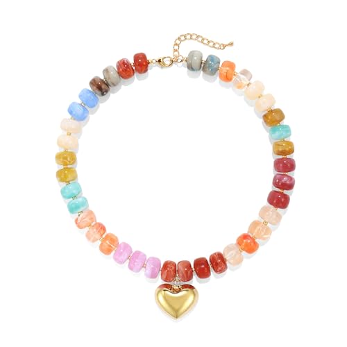 Chunky Heart Necklace for Women, Colorful Acrylic Beaded Statement Puff Heart Necklace, Cute Boho Y2K Choker Necklace for Gift Jewelry - color: Multi Colors-02