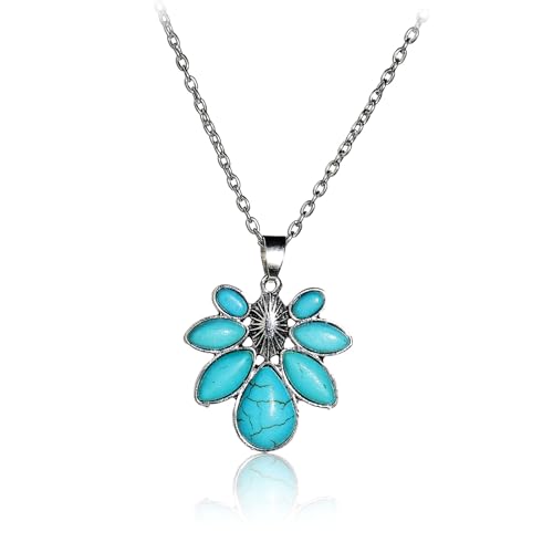Pingyongchang Natural Turquoise Necklace Boho Bead Silver Cross Vintage Statement Pendant Necklace Handmade Turquoise Western Necklaces Jewelry for Women - color: E