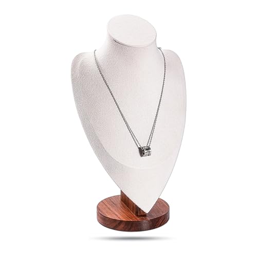 11.5" Real Walnut Jewelry Necklace Bust Display Stand for Vendors - Beige Microfiber - Wooden Mannequin Chain Holder - Large - color: Beige, size: 11.5" Tall, style: Walnut