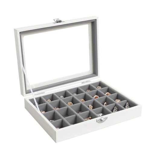Wudygirl 24 Grid Jewelry Organizer Small Jewelry Box Velvet Earring Holder Organizer for Women Ring Holder Display for Drawer Jewelry Case Earring Organizer with Lid Jewelry Storage (Gray) - style: White Gray 24 Grid