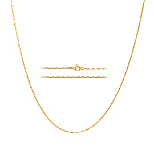 KISPER 24k Gold Box Chain Necklace – Thin, Dainty, Gold Plated Stainless Steel Jewelry for Women with Lobster Clasp - style: 36 inch (very long, can double loop)