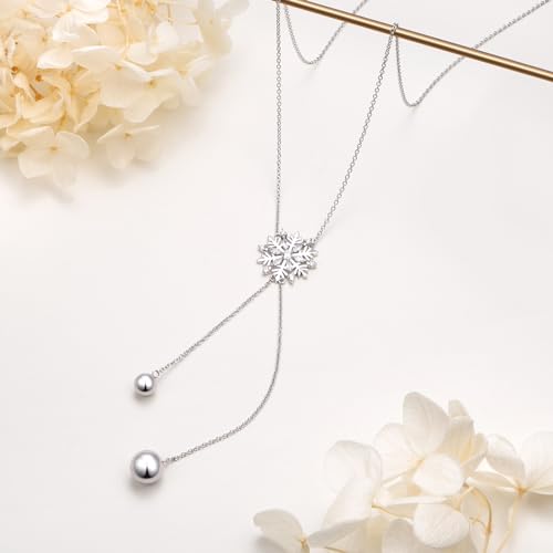 DAOCHONG Long Necklace S925 Sterling Silver Tassel Round Ball Necklace for Women,Snowflake Long Necklace Silver Jewelry Christmas New Year Holiday Gifts for Women Her (Chain adjustable) - style: Snowflake Necklace