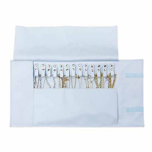 UnionPlus Travel Jewelry Roll, Faux Leather Necklaces Organizer Bag, Elastic Band and Anti-winding, Air Blue - color: Leather Air Blue, size: Medium