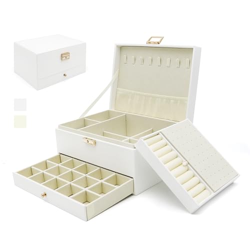 Jewelry Organizer Box, Jewelry Box Organizers for Women Girls, Jewellery Display Holder, 3 Layers Large Leather Jewels Storage Case for Earring, Rings, Necklaces, Bracelets, Watch, Ideal Gift (White) - color: White