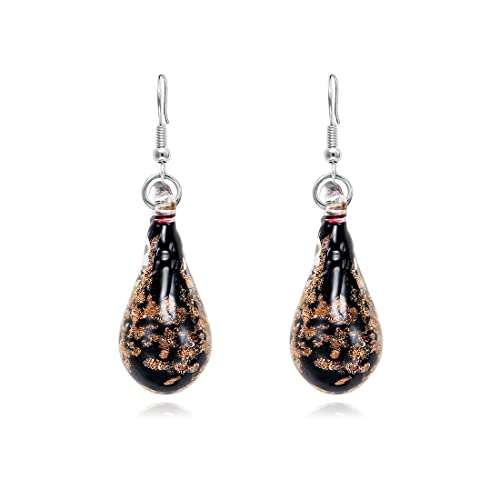 Glass Water Drop Shape Glaze Spiral Dangle Earrings Lampwork Handmade Glass Bead Geometric Earrings for Women Jewelry - color: Shiny Black