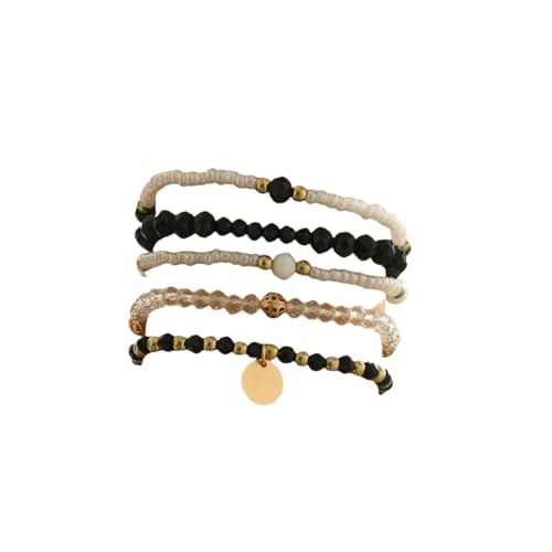 5Pcs Bohemian Multilayer Crystal Beads Stackable Bracelets Y2K Circle Disc Coin Pendant Colorful Beaded Elastic Stretch Bracelets for Women Boho Beach Vacation Holiday Jewelry Gift - color: Black