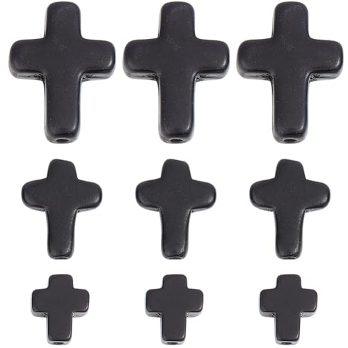 SUNNYCLUE 1 Box 90Pcs Black Cross Beads 3 Sizes Small Stone Cross Bead 10/16/20mm Mini Tiny Synthetic Turquoise Gemstone Beads Charms Easter Holiday Pocket Crosses for Jewelry Making Kits - color: 90pcs 10/16/20mm Black Cross Beads