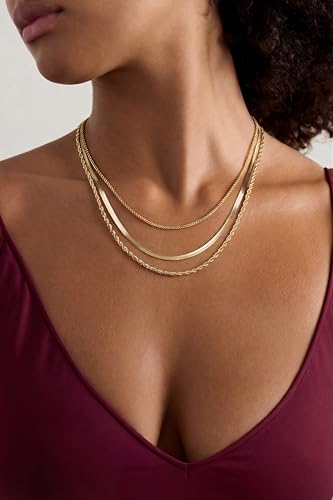 Freekiss Women's Layered Necklace Set - 3 Piece Dainty Gold Jewelry for Everyday Stacking | 14K Gold Plated Snake Chain, Rope Chain, Cuban Chain | Adjustable Length 14-18.5 Inch | Gift Ready - color: Gold, style: 3Snake+Rope+Cuban