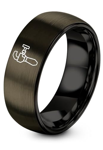 Chain Tool Ring - Gift for Cyclist - 8mm - Band - Gunmetal Black Silver - Personalized Custom Engraving - Men Women - Anniversary Engagement Wedding - Tungsten Carbide - Flat Dome Bevel - color: 06 - Gunmetal Black Tungsten