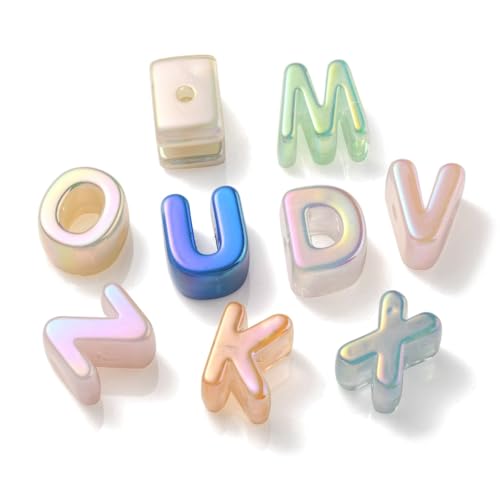 DanLingJewelry 100Pcs Random AB Color Plated Acrylic Letter Beads Large Hole UV Plating Iridescent Alphabet A~Z Beads for Jewelry Making DIY