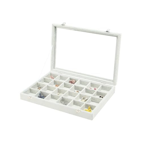 Coward Jewelry Organizer Tray Box, 24 Grids Ring Earring Chain Bracelet Necklace Jewelry Bead Display Holder Tray Case with Transparent Glass Lid for Home Drawer or Shop Selling - color: Grey Beige Velvet, size: 24Grids Box