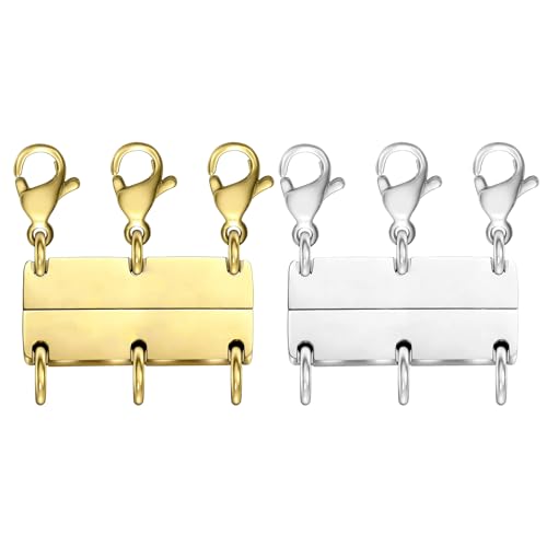MKCYD Multi Necklace Layering Clasp Strong Magnetic Clasps, Gold and Silver Necklace Separator for Layering, Multiple Jewelry Closures for Layered Look - color: 2Pcs | Triple Gold + Triple Silver