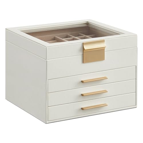 SONGMICS GISELLA Collection - Jewelry Box Organizer, 4-Layer Jewelry Storage with 3 Drawers, Shiny Metal Hardware, Glass Lid, Modern, 8 x 9.1 x 6.5 Inches, Cloud White and Gold Color UJBC173W01 - color: Cloud White + Gold, size: 4 Layer (8"D x 9.1"W)