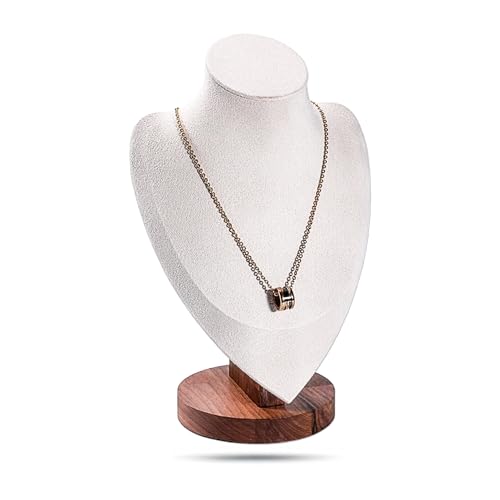 9.5" Real Walnut Jewelry Necklace Bust Display Stand for Vendors - Beige Microfiber - Wooden Mannequin Chain Holder - Medium - color: Beige, size: 9.5" Tall, style: Walnut