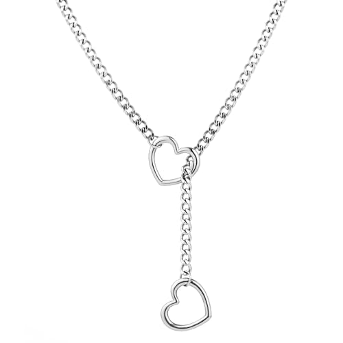 sroyte Heart Slip Chain Necklaces for Women,Stainless Steel O-Ring Adjustable Lariat Y-Necklace,Punk Gothic Cuban Collar Choker Necklace for women - color: Silver Heart, size: 25"