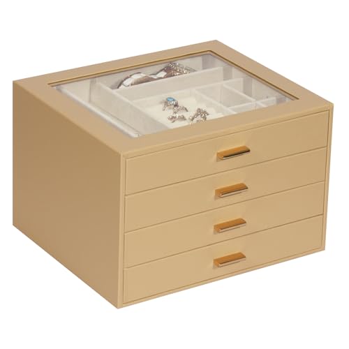 Jewelry Box with Glass Lid, 4-Layer Jewelry Organizer for Women Girls, PU Leather Display Case with 20-Grid Earring Tray & Movable Dividers for Necklaces Rings,Camel - color: Camel, size: 4-Layer