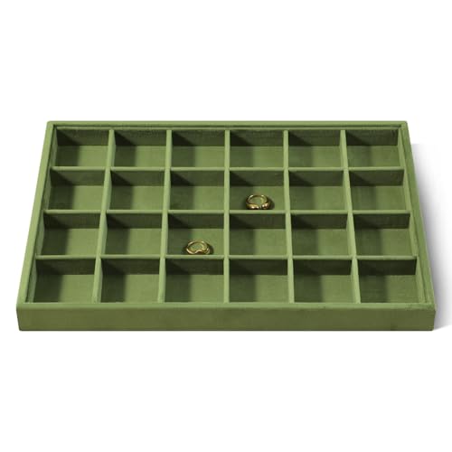 Velvet Stackable Jewelry Display Tray, 24 Grid Earring Ring Storage Tray, Drawer Divider Jewelry Accessories Organizer Plate (Olive Green) - color: Olive Green, size: 24 Slot Earring Ring Tray