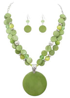 Layered Beads Statement Fashion Necklace Chunky Jewelry Set Big Colorful Glass Stone Circle Shell Pendant Choker Necklace and Earring Set for Women - color: Green
