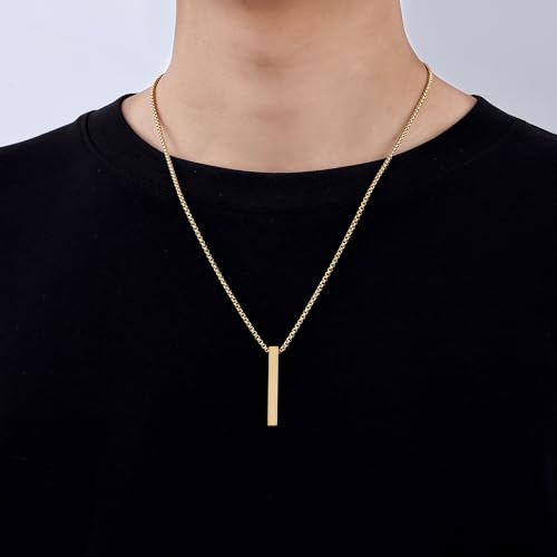 Fiusem Pendant Necklace for Men, Silver Tone/14k Gold Plated/Black Mens Pendant Necklaces with 2.5 mm Box Chain, Stainless Steel Bar Chain, 18-28 Inches - color: gold, size: 24 Inches, style: Pierced Rectangle