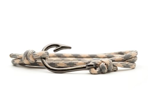 CRAFTMEMORE Fish Hook Pendant Bracelet - Made with 550 Military Paracord, Adjustable Bracelet & Anklet - color: Gray and Ivory
