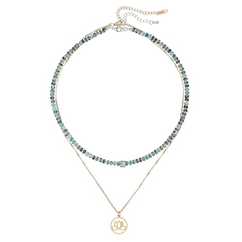 Plumiss Boho Handmade Natural Jasper Stone Beaded Crystal Mixed Strand Short Necklace for Women Girl - color: African Turquoise