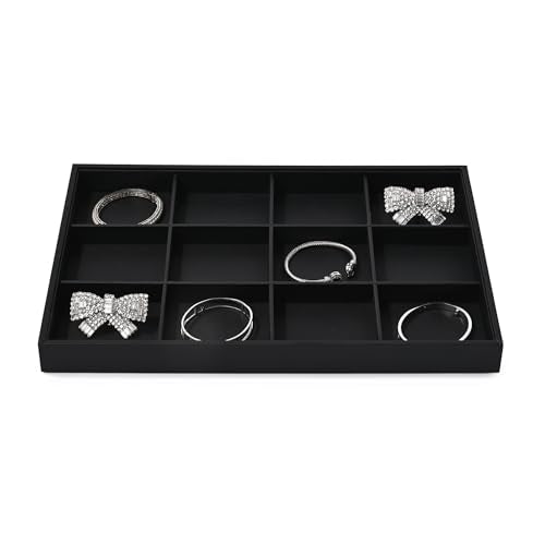 Black PU Leather Jewelry Display Flat Tray Ring Necklace Watch Organizer Display Tray (1 grid) - style: 12 Grids