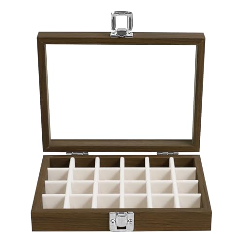 Wudygirl Wood Jewelry Organizer Small Jewelry Box Jewelry Tray with Lid Earring Organizer for Women Velvet Ring Holder Jewelry Storage Display for Drawer Earring Case 24 Grid (Beige) - style: Wood Beige 24 Grid