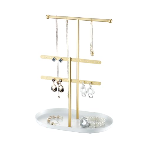 Saydear Elegant Jewelry holder Organizer 2-Tier Display Storage Stand for Earrings Necklaces with Ring Tray Spacious and Durable, Easy to Assemble White & Gold - color: White & Gold