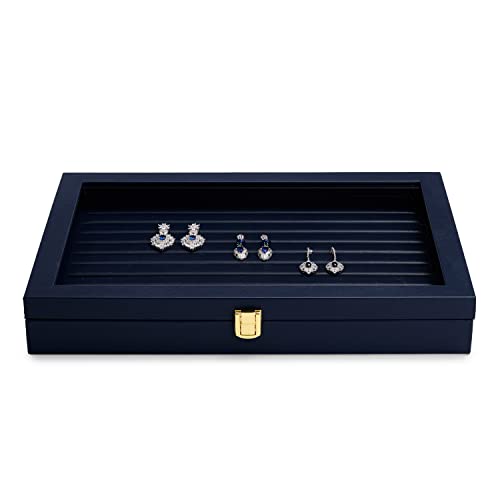 Oirlv Premium Blue Leather Rings Earrings Organizer Tray with Clear Lid Jewelry Display Box with Acrylic Lid Stackable Jewelry Box Drawer Inserts - color: Blue, size: 10 Slot