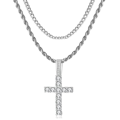 GEMOSA Cross Chain for Men 14K Gold Silver Plated Solid Iced Out 5A+ Cubic Zirconia Stainless Steel Cuban Link rope Layered Chains 16-24 Inch Large Cross Diamond Pendant Nceklace Jewelry Gifts - color: Silver, size: 20/22 inch