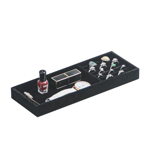 Divided Drawer Organizer - Velvet Jewelry Storage Tray for Necklace, Bracelet, Ring, Earring Display - Bedside Nightstand Desk Holder for Phone, Watch, Sunglasses, Cosmetics Storage - Black, 2 Grid - color: Black, size: Grid2