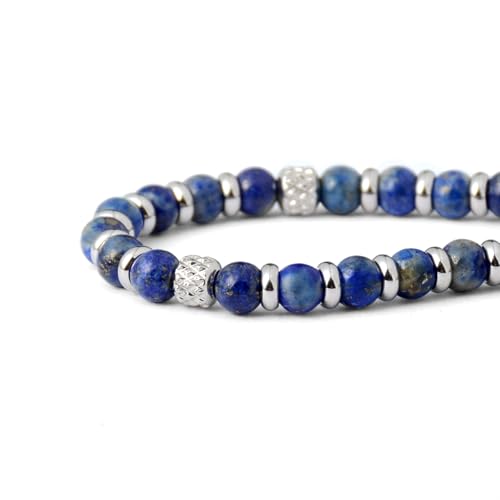 Ganbatte Handmade Beaded Bracelet, Natural Stone and Silver Stainless Steel, Boho Style Women's Jewelry - color: Lapis Lazuli