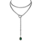 Heart Slip Chain Necklace for Women, 39 Inch Cuban Chain, Removable Heart O-Ring, Crystal Pendant, Adjustable Stainless Steel Y-Necklace - color: Silver-Green
