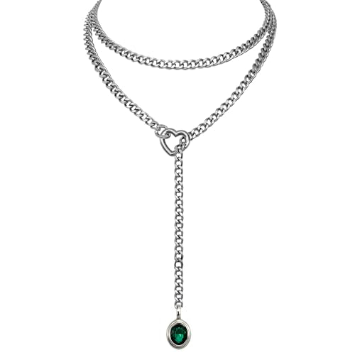 Heart Slip Chain Necklace for Women, 39 Inch Cuban Chain, Removable Heart O-Ring, Crystal Pendant, Adjustable Stainless Steel Y-Necklace - color: Silver-Green
