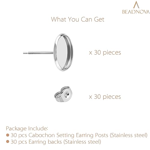 BEADNOVA Stud Earring Kit 30pcs Blank Stud Earring 6mm Stainless Steel Cabochon Setting Ear Post with Stainless Steel Earing Backs for Cabochon Resin DIY Earing Making (6mm, 30pcs) - color: 30pcs, size: 6mm