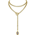 Heart Slip Chain Necklace for Women, 39 Inch Cuban Chain, Removable Heart O-Ring, Crystal Pendant, Adjustable Stainless Steel Y-Necklace - color: Gold-Purple