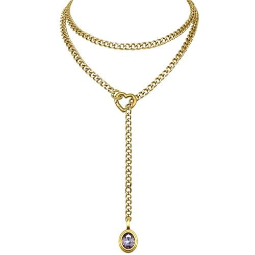 Heart Slip Chain Necklace for Women, 39 Inch Cuban Chain, Removable Heart O-Ring, Crystal Pendant, Adjustable Stainless Steel Y-Necklace - color: Gold-Purple