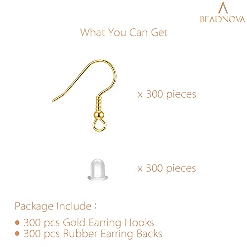 BEADNOVA 300pcs Earring Hooks Kit with 300pcs Rubber Backs, Gold, Elegant, 600pcs Total - color: Gold, size: 300pcs