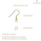 BEADNOVA 300pcs Earring Hooks Kit with 300pcs Rubber Backs, Gold, Elegant, 600pcs Total - color: Gold, size: 300pcs