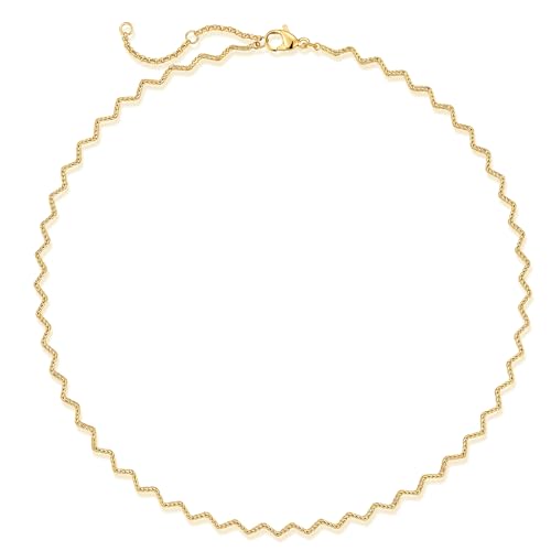Dremmy Studios Dainty Gold Choker Necklace for Women 14K Gold Plated Coin Disc Figaro Layered Beaded Flat Mariner Sideways Cross Wishbone Link Clavicle Necklaces - style: 1.2mm Wave Chain