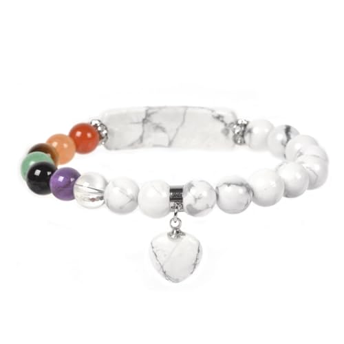Justinstones Gem Semi Precious Gemstone Love Heart Charm Stretch Beaded Bracelet Unisex - color: White Howlite(7 Chakra)