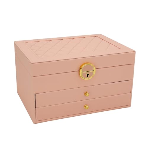KOOAAICCHI Jewelry Box for Women, 3-Layer Jewelry Organizer, Jewelry Storage Case PU Leather for Earrings, Bracelets, Ring, Necklaces-Pink - color: Pink-01