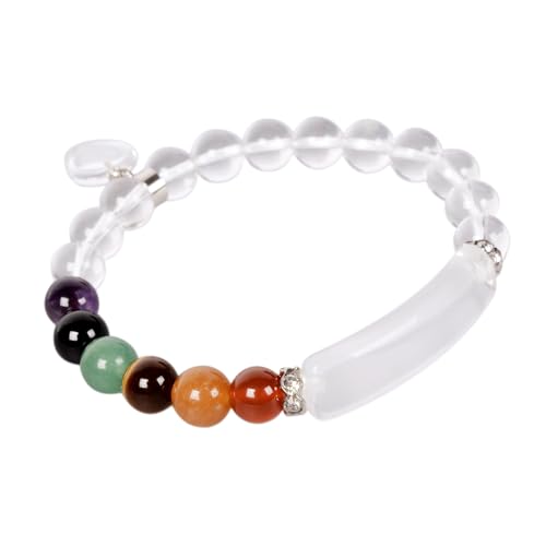 Justinstones Gem Semi Precious Gemstone Love Heart Charm Stretch Beaded Bracelet Unisex - color: Clear Quartz(7 Chakra)