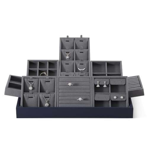 Dark Blue Jewelry Display Tray Ring Necklace Earring Bangle Organizer Multifunctional Storage Case for Jewelry Showcase (Small 4 Grids Earrings Tray) - color: 05-Earring Tray