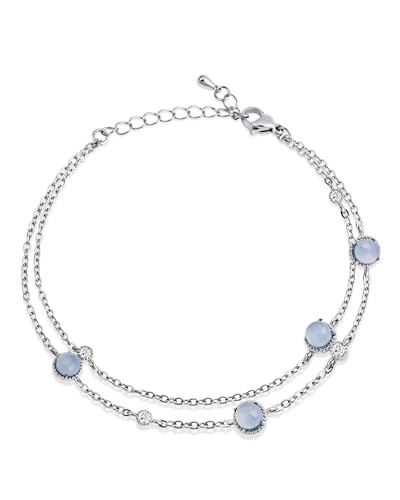 Rhinestone Birthstone Blue Bracelet for Women, Adjustable Silver Plated Chain Bracelet with Lobster Clasp and Extension, Dainty March Birthstone Link Bracelet Gift for Birthday or Anniversary Christmas Jewelry