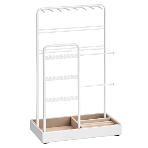 SONGMICS Necklace Holder, Jewelry Stand Holder Organizer, Jewelry Display with Metal Frame, Velvet Tray, Earring Bracelet Holder, for Gift Idea, 4.5 x 7.7 x 12.1 inch, Matte White UJJS021W01 - color: Matte White, size: 4.5"D x 7.7"W x 12.1"H