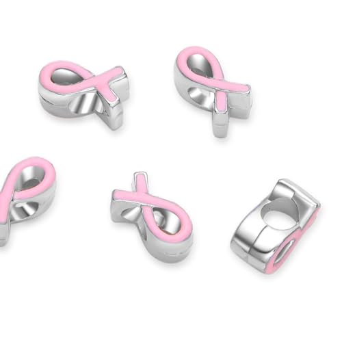 40pcs Pink Ribbon Symbol of Awareness Large Hole Enamel Loose Beads (4.5mm Hole) Antique Silver Metal Spacer for DIY Craft Jewelry Making MEC-C14 - size: Pink Ribbon