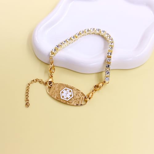 Women's Medical ID Bracelet with White Zircon Tennis Chain, Interchangeable Engraved Plate, Adjustable Lobster Clasp, Lightweight, Hypoallergenic, for Running, Outdoor, Daily Wear - color: Gold-PENICILLIN ALLERGY